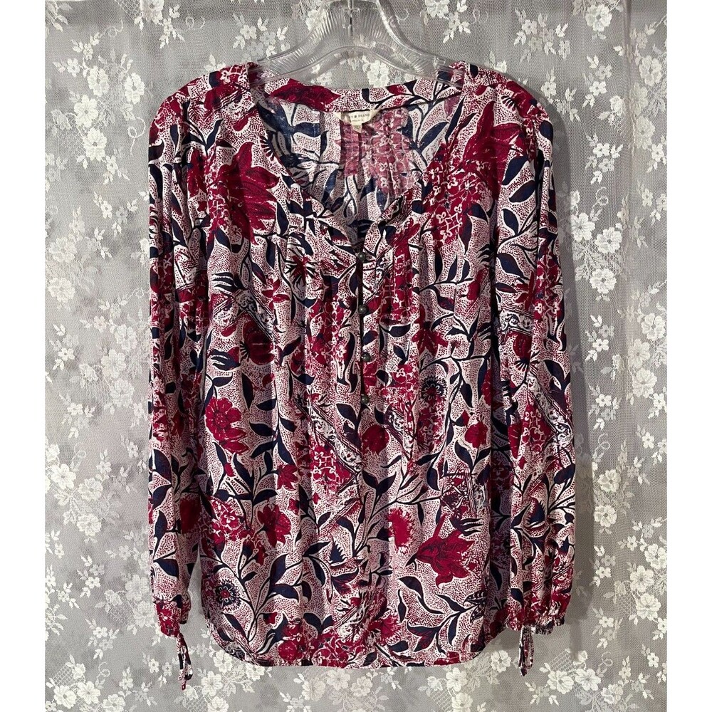Lucky Brand Floral Paisley Blouse Size S Boho Peasant Red Blue Long Sleeve